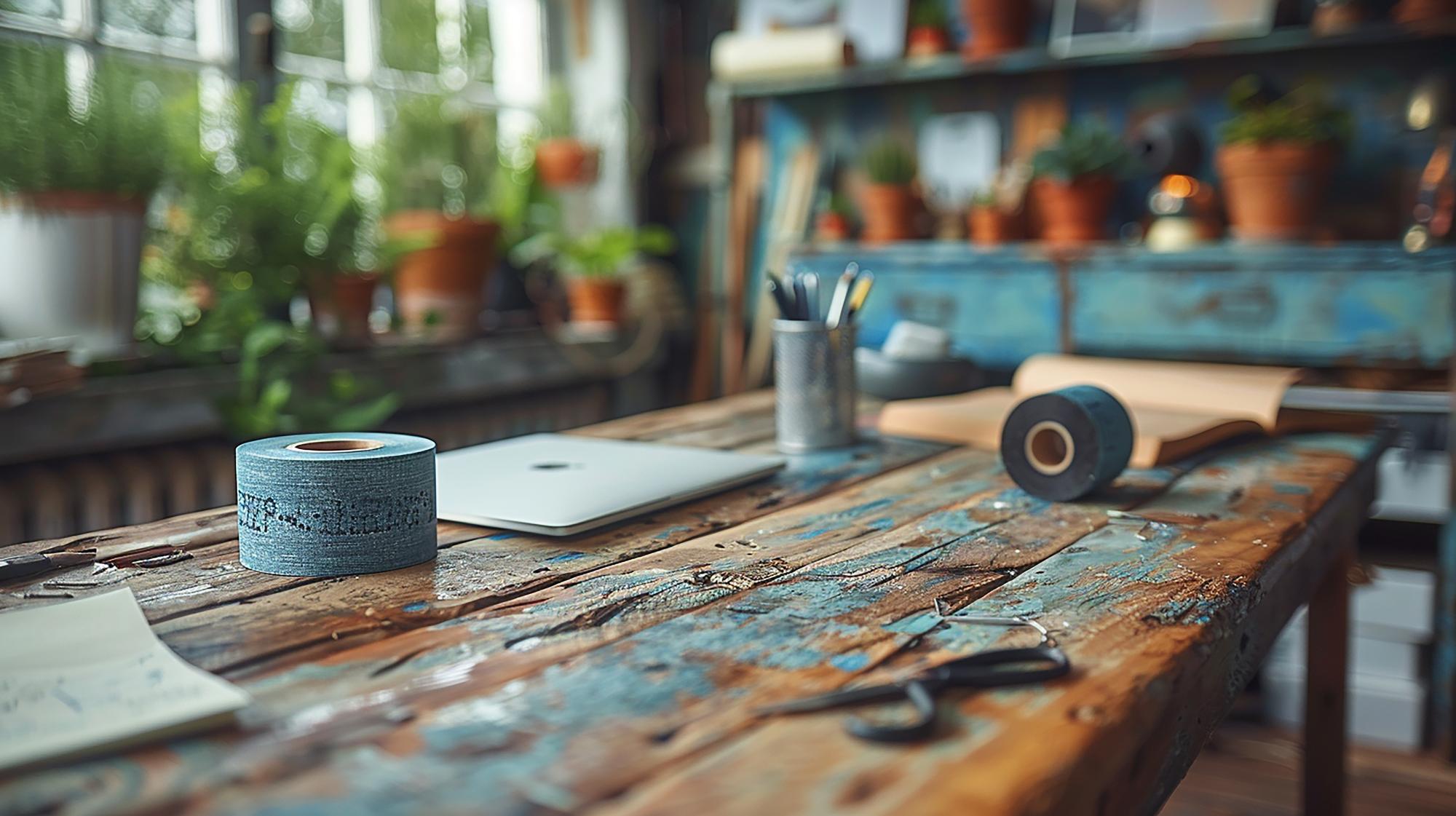 Workshop table with threads and embroidery tools