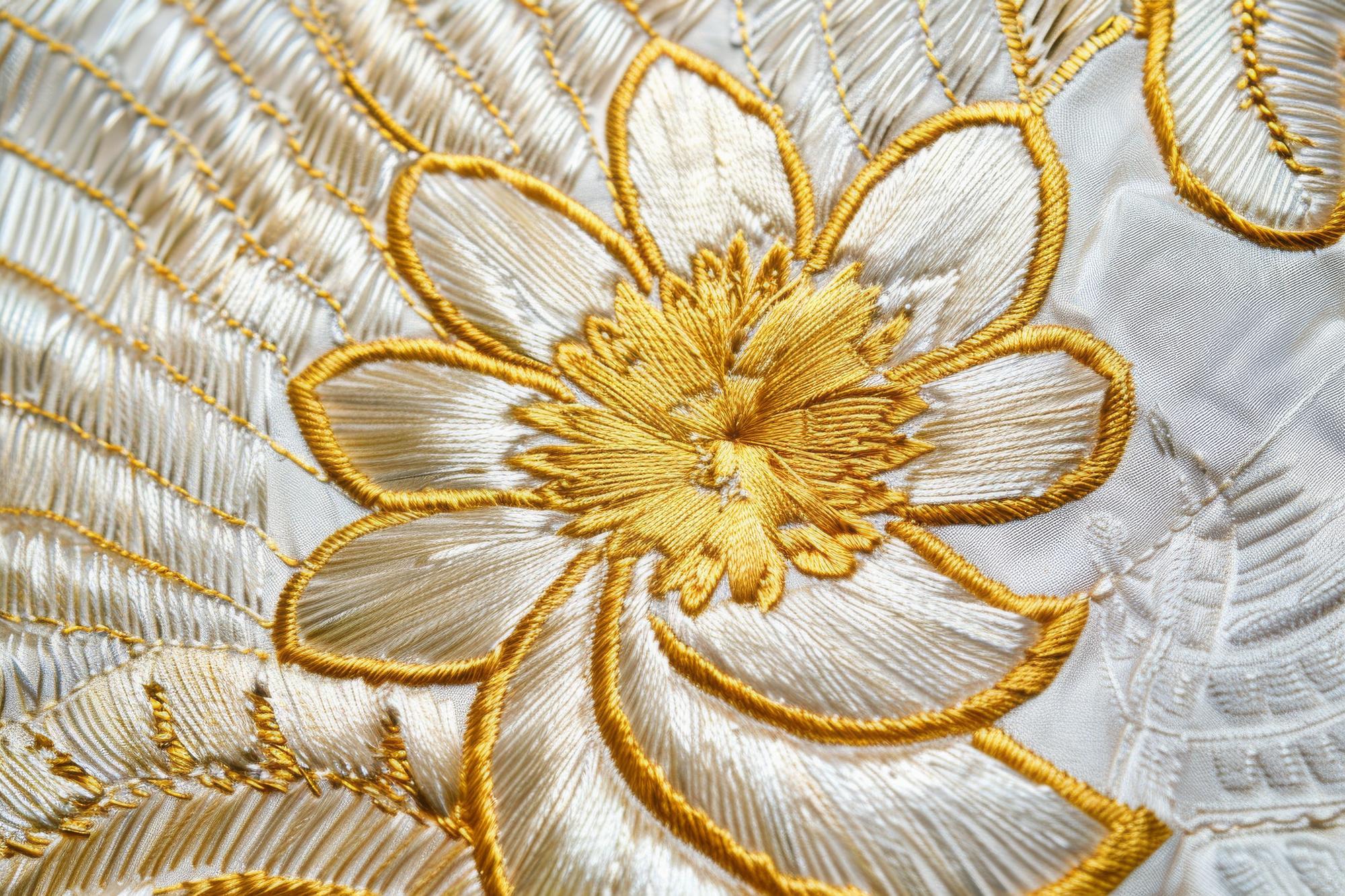 Fine embroidered silk with gold threads and floral motif